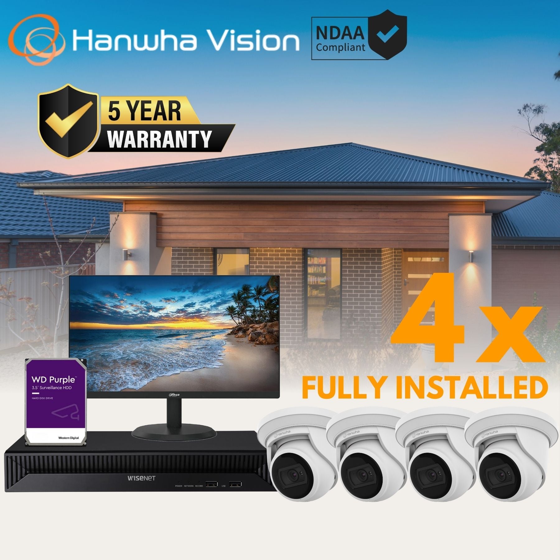 Hanwha Observer Package: 4 x 5MP Turret Camera CCTV System FULLY INSTALLED