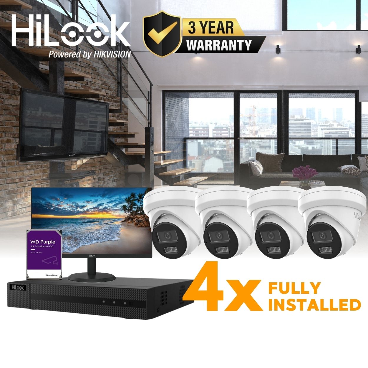 HiLook Observer Package: 4 x 6MP Acusense Turret Camera CCTV System FULLY INSTALLED