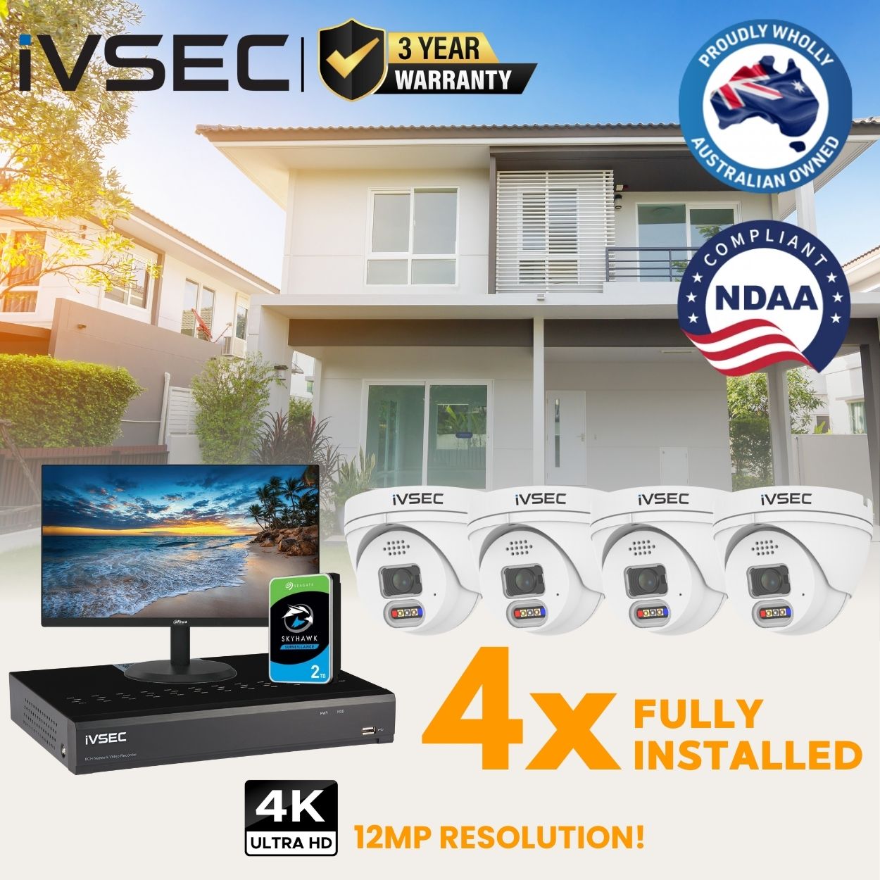 IVSEC Guardian Package: 4 x 12MP Turret Camera CCTV System FULLY INSTALLED