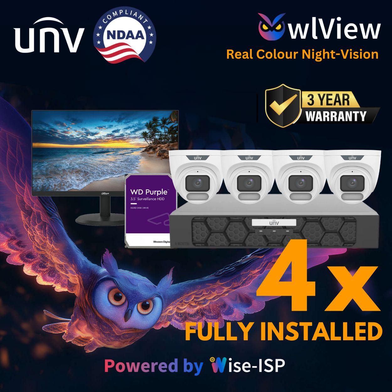 Uniview Nocturnal Package: 4 x 6MP Owlview Series CCTV System FULLY INSTALLED