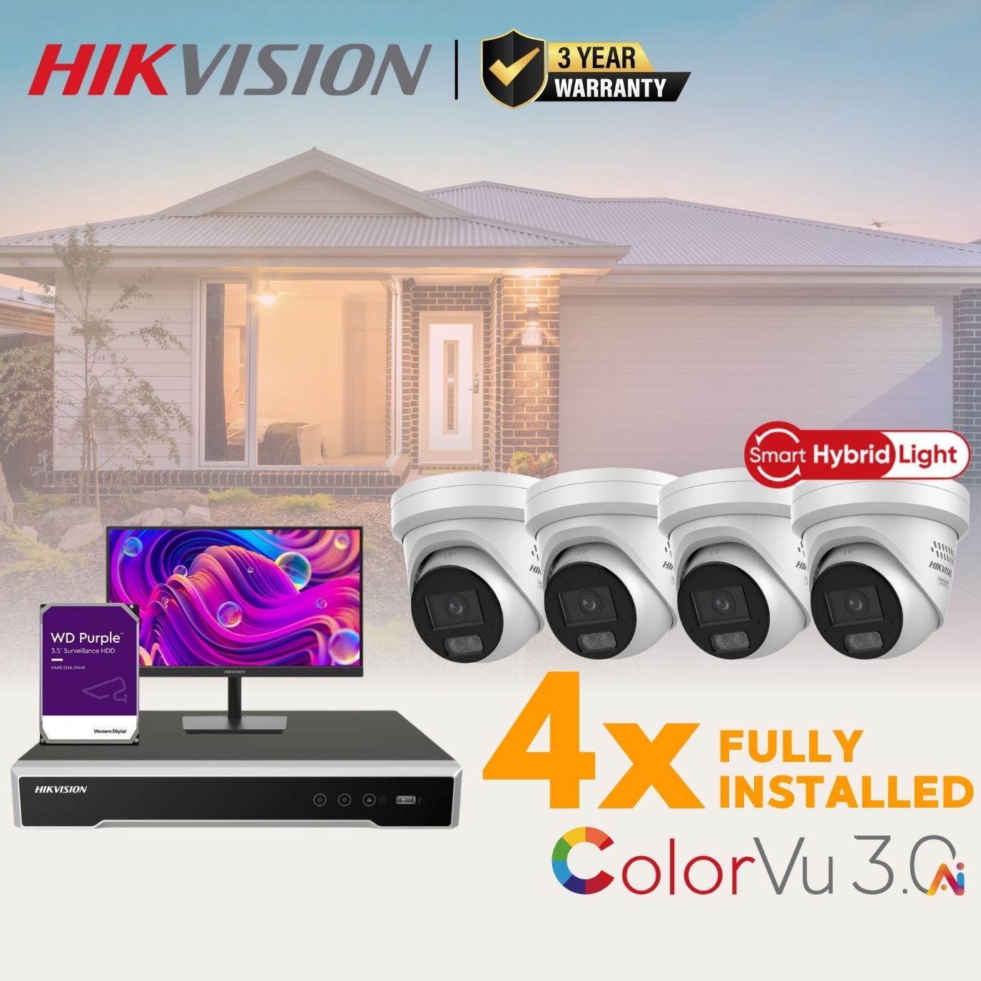 Hikvision Sentinel Package: 8CH 4 x 8MP (4K) ColorVu 3.0 CCTV System FULLY INSTALLED